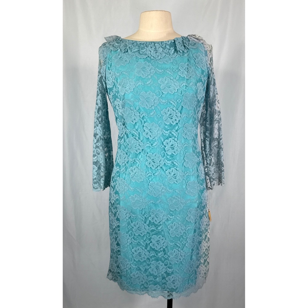 VTG 60s 70s Turquoise Blue Floral Lace Sheath Dress Mod Mad Men MCM Sun Faded M